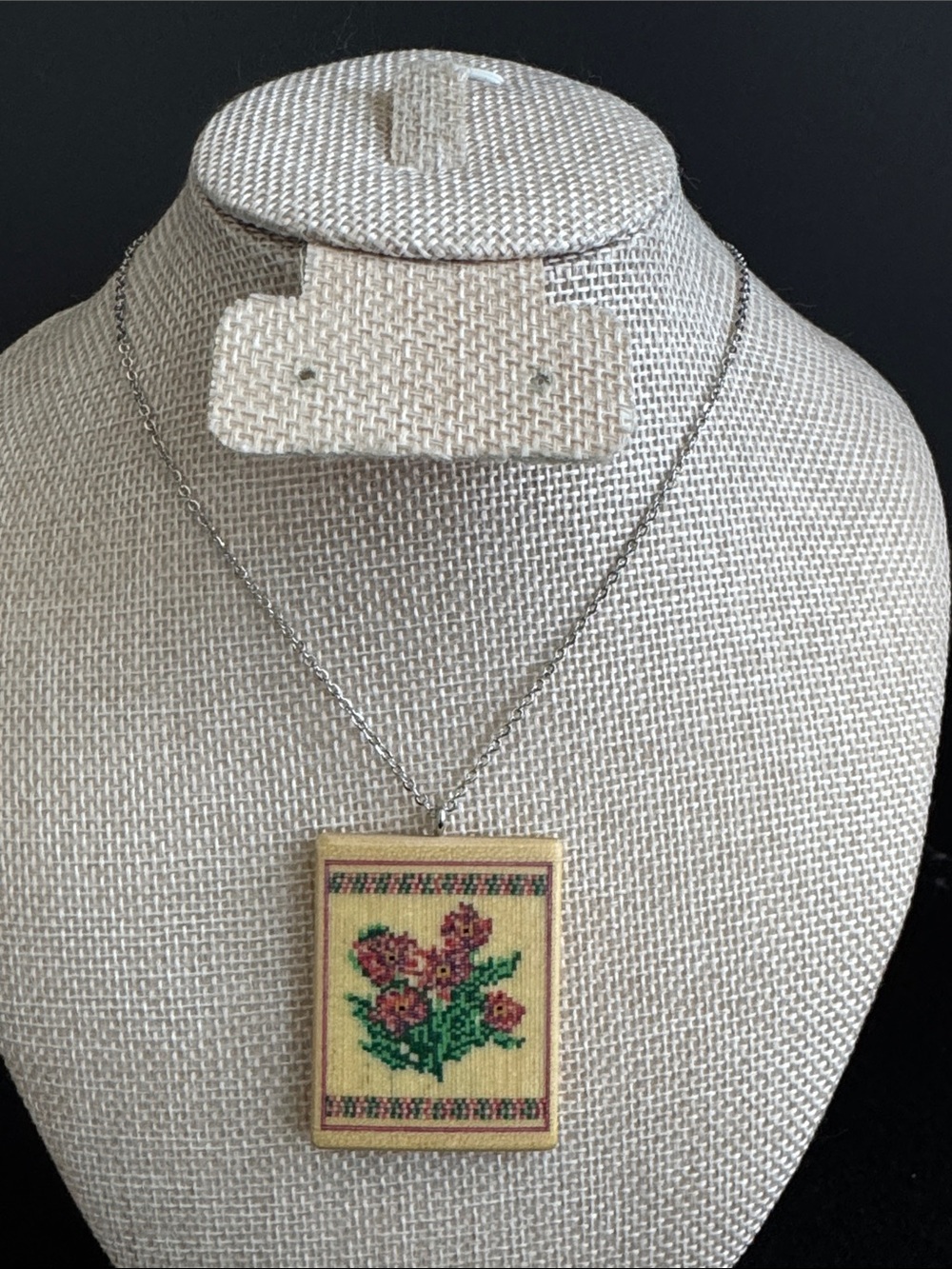 Pixels in Wood Floral Cross-Stitch Style Wooden Pendant Necklace by Buzz Coren